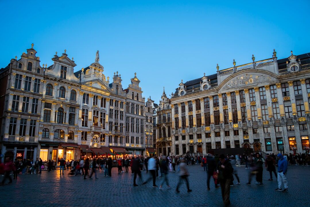 Brussels skyline at dusk with modern office buildings